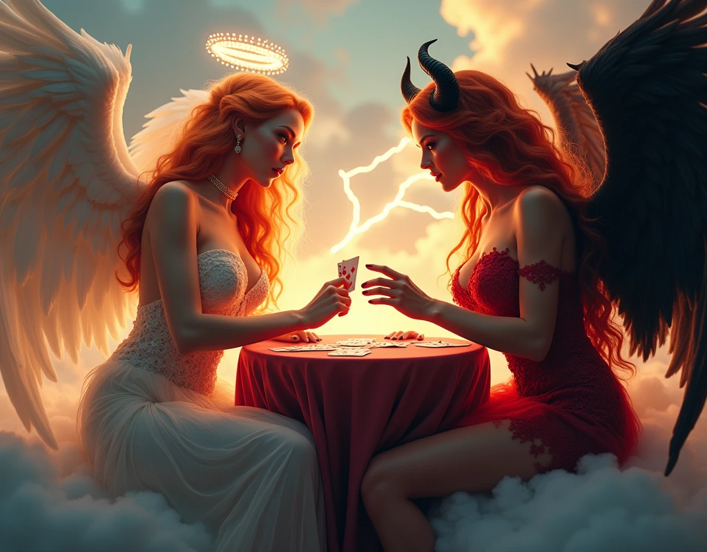 an angel and w demon playing a poker game of cards, a female angel wearing intricate dress glam dress, dynamic color dress, pale skin, best details beautiful face ,dynamic hair color, busty, small cleavage, glowing halo, long  hair, orange hair, wavy hair, white angelic wings, BREAK, a female demon ((red skin: 1.5)), black demonic wings, black demon horns, ,dynamic hair color, busty, small cleavage, red eyes, best details beautiful face, wearing a intricate dress glam dress, high heels, sitting and playing poker on a cloud, dynamic lightning, heaven background, vibrant, Ultra-high resolution, High Contrast, (masterpiece:1.5), highest quality, Best aesthetics), best details, best quality, highres, ultra wide angle, 16k, [ultra detailed], masterpiece, best quality, (extremely detailed),
