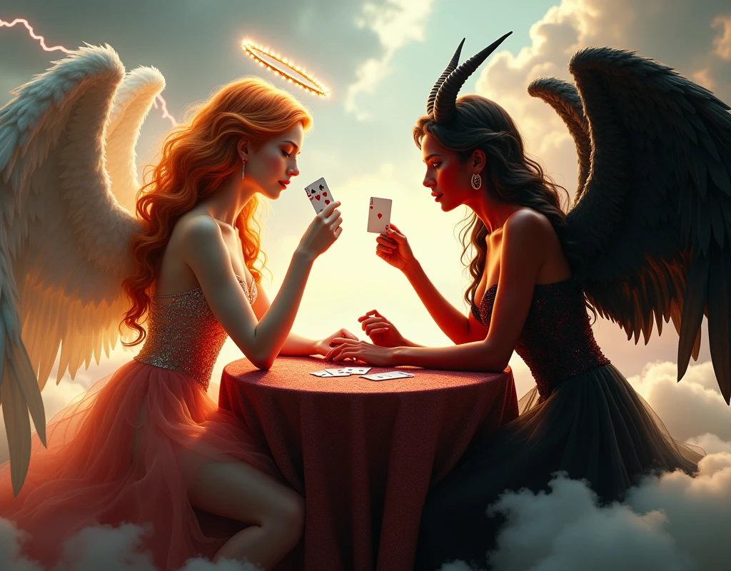 an angel and w demon playing a poker game of cards, a female angel wearing intricate dress glam dress, dynamic color dress, pale skin, best details beautiful face ,dynamic hair color, busty, small cleavage, glowing halo, long  hair, orange hair, wavy hair, white angelic wings, BREAK, a female demon ((red skin: 1.5)), black demonic wings, black demon horns, ,dynamic hair color, busty, small cleavage, red eyes, best details beautiful face, wearing a intricate dress glam dress, high heels, sitting and playing poker on a cloud, dynamic lightning, heaven background, vibrant, Ultra-high resolution, High Contrast, (masterpiece:1.5), highest quality, Best aesthetics), best details, best quality, highres, ultra wide angle, 16k, [ultra detailed], masterpiece, best quality, (extremely detailed),
