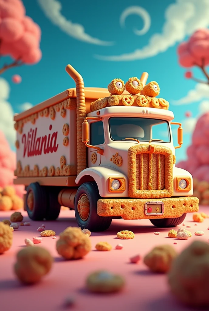 Create a truck from a cereal bar, and on the packaging the name Villania