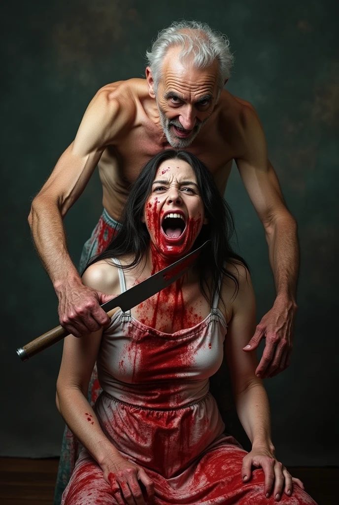 Crazy, horror, 70-year-old man, naked with an apron full of blood, is behind a seated, bloody  woman. The man has a machete and is splitting open the head of the screaming woman.