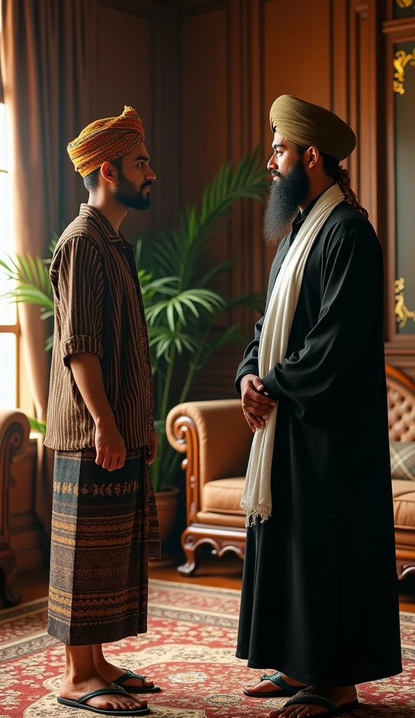 Generate a cinematic, ultra-sharp image of a 35-year-old man in a batik turban, a vertical striped black and brown shirt, a sarong, and traditional warrior sandals. He is conversing with an ulama dressed in a brown turban, a white scarf draped around his neck, and a black jubah. The scene is set in a richly detailed Majapahit-period living room with dynamic illumination and hyper-detailed textures.