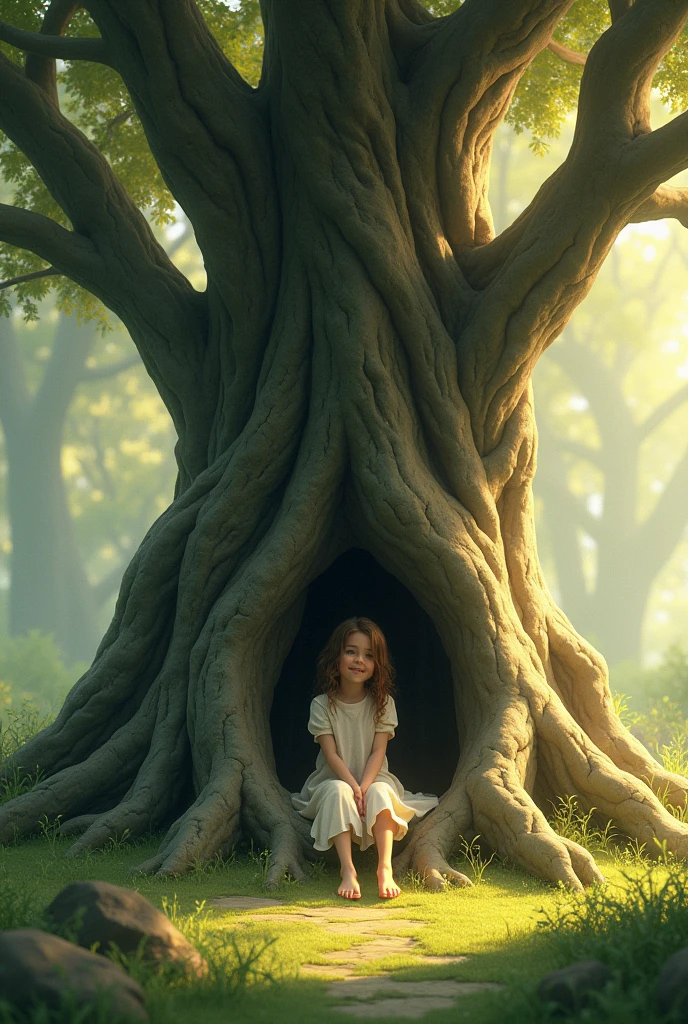 A beautiful scene and a girl sitting in the tree's
root