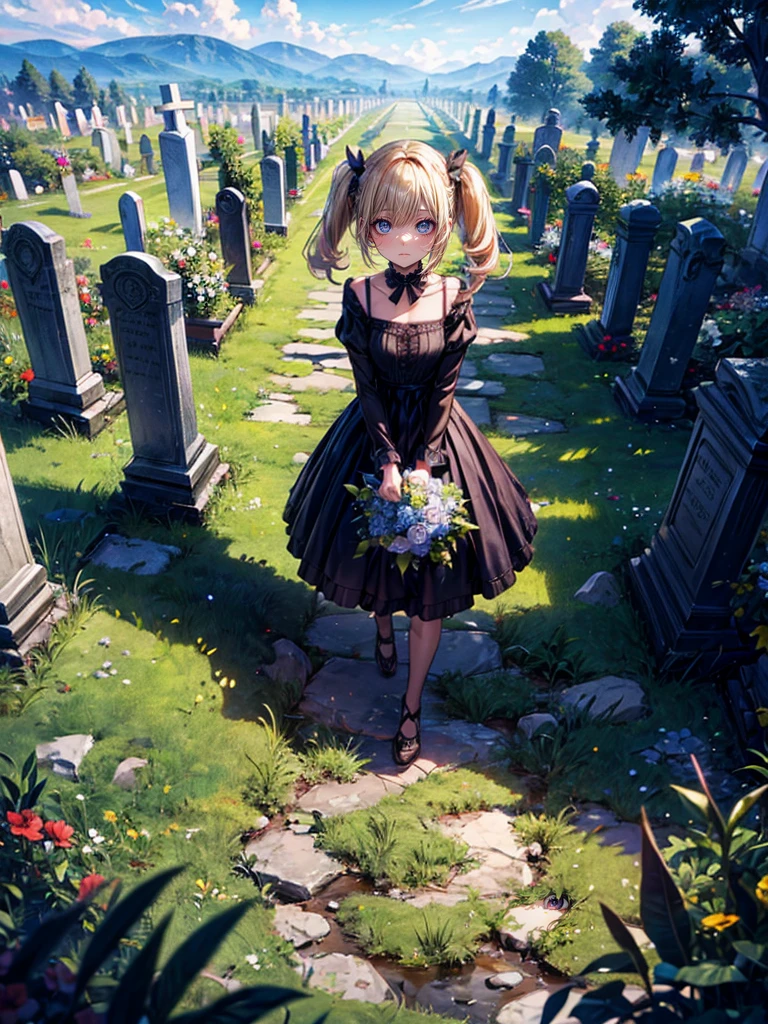 masterpiece,(bestquality),highlydetailed,ultra-detailed,1girl,(golden,glowingeyes:Blue,:1.2,elongatedears:0.8),(Black dress),(Gravestones on a hill in a vast grassland)(Gravel path leading to the cemetery),(💐💐Place the bouquet:1.5)(Grave)(panorama:1.2)(Blonde twin tails:1.5)(Walking with one's back to the grave)look up, キャラのprofile, (Angle from below、profile:1.5)