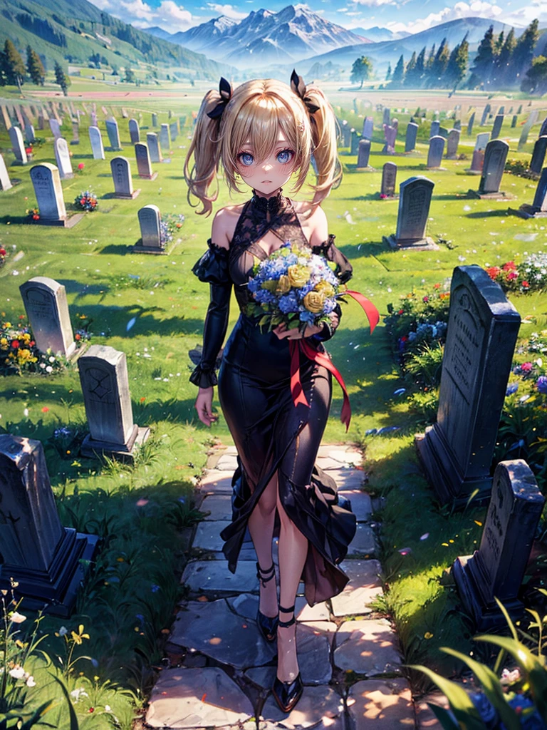 masterpiece,(bestquality),highlydetailed,ultra-detailed,1girl,(golden,glowingeyes:Blue,:1.2,elongatedears:0.8),(Black dress),(Gravestones on a hill in a vast grassland)(Gravel path leading to the cemetery),(💐💐Place the bouquet:1.5)(Grave)(panorama:1.2)(Blonde twin tails:1.5)(Walking with one's back to the grave)look up, キャラのprofile, (Angle from below、profile:1.5)