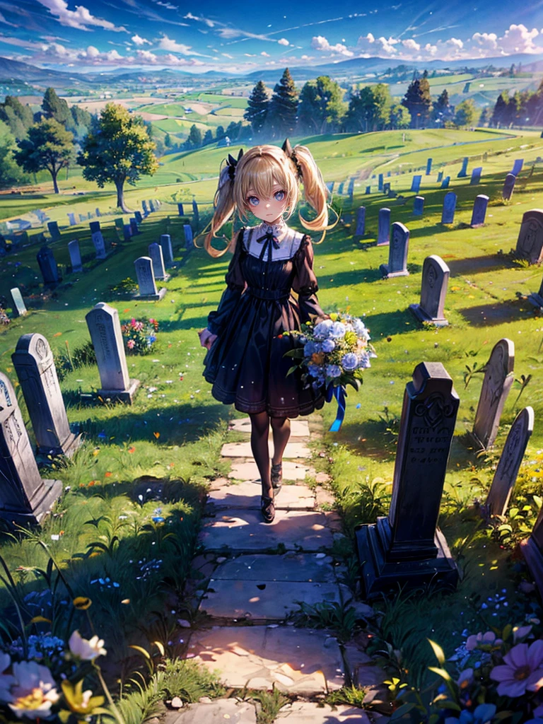 masterpiece,(bestquality),highlydetailed,ultra-detailed,1girl,(golden,glowingeyes:Blue,:1.2,elongatedears:0.8),(Black dress),(Gravestones on a hill in a vast grassland)(Gravel path leading to the cemetery),(💐💐Place the bouquet:1.5)(Grave)(panorama:1.2)(Blonde twin tails:1.5)(Walking with one's back to the grave)look up, キャラのprofile, (Angle from below、profile:1.5)