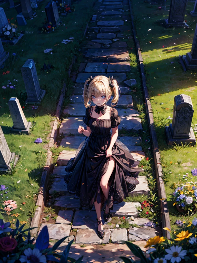 masterpiece,(bestquality),highlydetailed,ultra-detailed,1girl,(golden,glowingeyes:Blue,:1.2,elongatedears:0.8),(Black dress),(Gravestones on a hill in a vast grassland)（Gravel path leading to the cemetery）,（💐💐Place the bouquet:1.5）（Grave）(panorama:1.2)（Blonde twin tails:1.5）（Walking with one&#39;s back to the grave）look up, キャラのprofile, （Angle from below、profile:1.5）