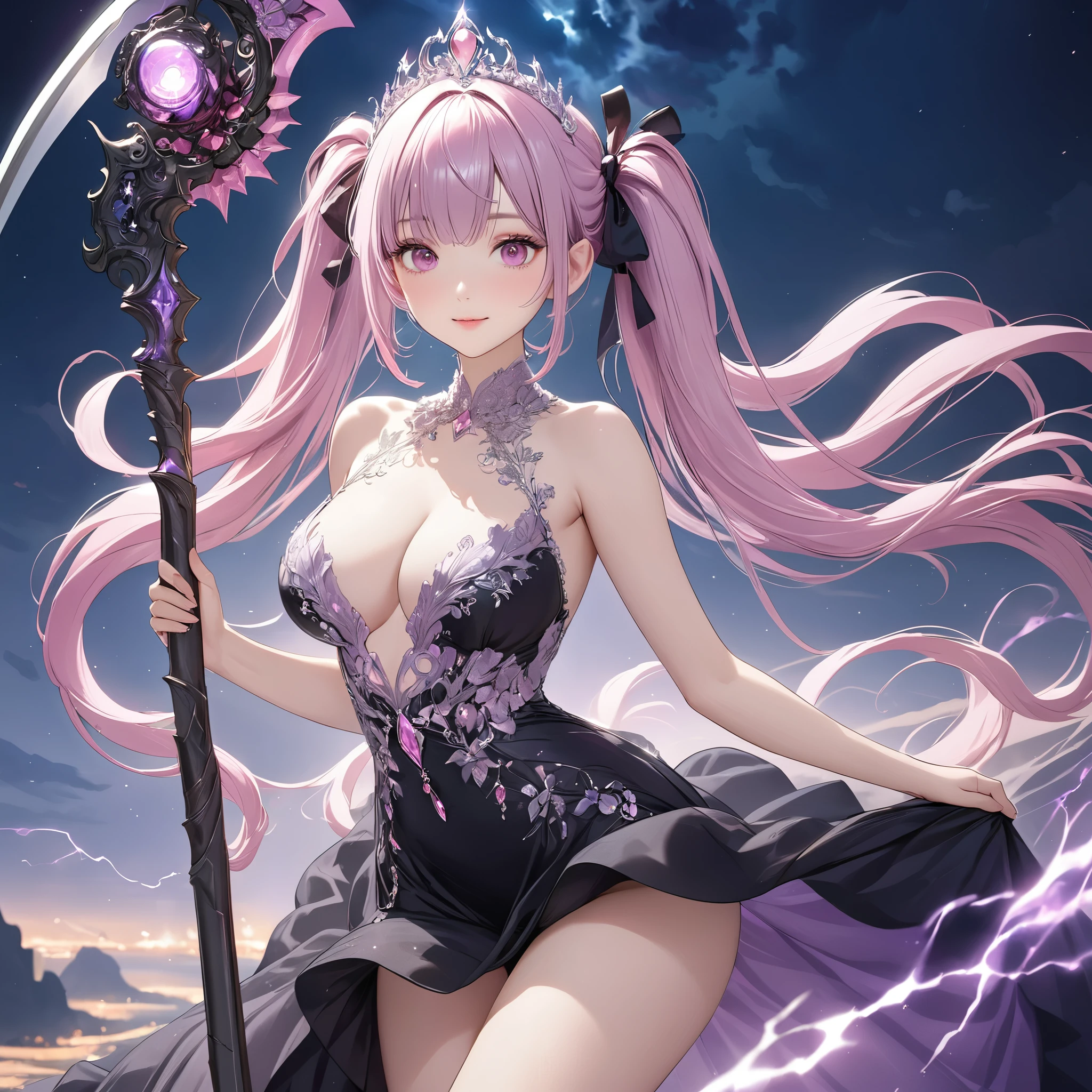 (8k, masutepiece, Highest Quality, Best Quality, Official art, Breathtaking beauty and aesthetics, A highly detailed, The best masterpiece in history that exceeds limits, Breathtaking and beautiful lighting:1.2), (1 Girl, solo), (sixteen years old), (beautiful detailed face), (shiny white skin), (Beautiful big bust, cleavage:1.2), (thighs), (beautiful detailed pink twin tails hair, bangs:1.3), (beautiful detailed drooping pink eyes:1.5), BREAK, (Beautiful detailed fantastic black dresses, black See-through intricate lace, black ribbon, silver thread), (Beautiful Luxurious Diamonds Tiara), (mysterious smile), (dynamic cut, Attractive, Look at the camera, cute pose), breathtaking scenery, BREAK, (ultra detailed beautiful purple thunder, night sky:1.2), (Beautiful detailed fantastic mysterious big purple scythe, Sharp blade:1.3),
