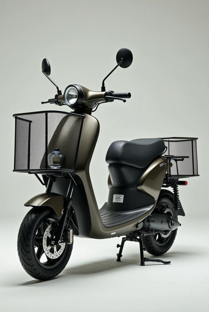 An electric motorcycle with a large, comfortable seat, baskets for storing items on both the front and back, with a design that fits the current era, suitable for all ages.