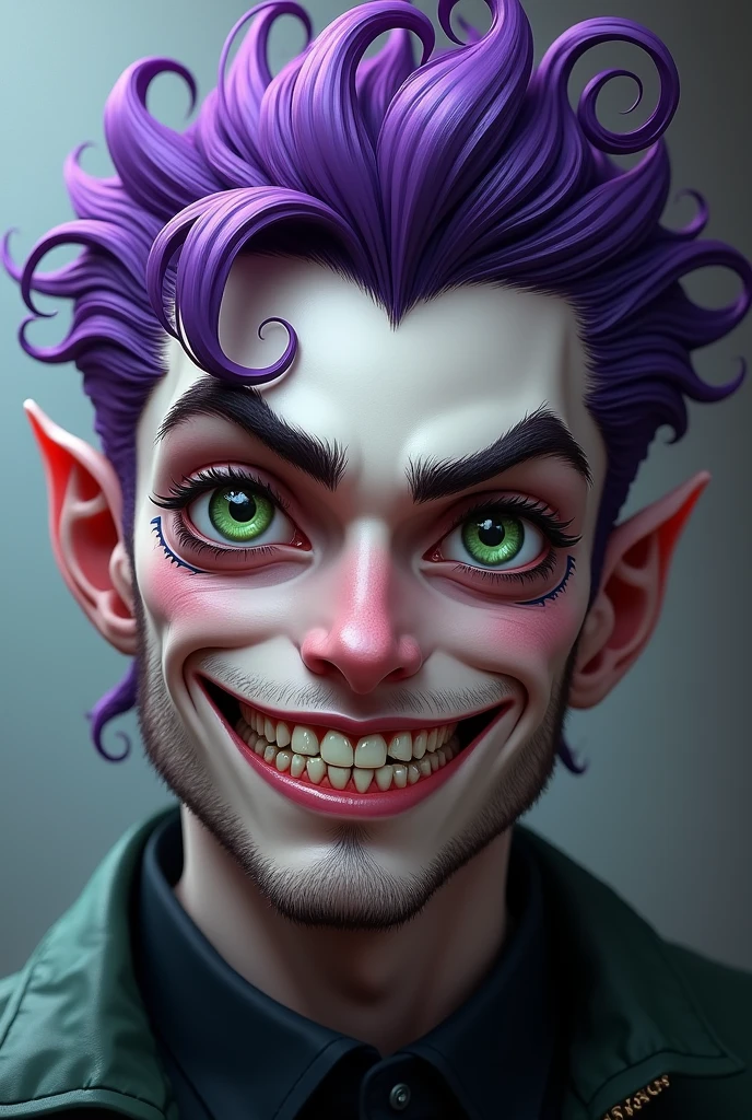 That man is handsome。Purple hair with slightly long antennae、There are dark circles under the eyes, and the eyes are green with small pupils.、The teeth are jagged like a shark's.、There is hair on the top of the head that looks like the top part of a question mark.。A grinning face with one corner of the mouth turned up。The nose is slender and beautiful.。His cheeks are slender and he has a bit of a moustache.