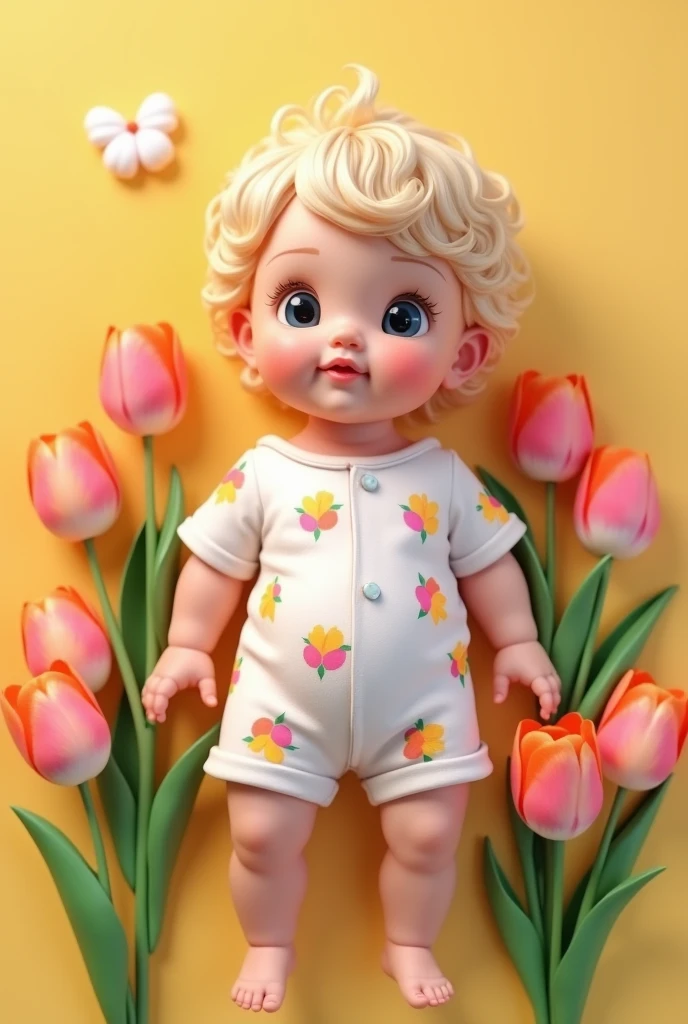 (alone:1.5),1 Baby\(very cute,Soft Skin,Dark Eyes,Blonde,Soft curly hair,(Very short hair:2.0),Wearing a romper\(Short sleeve,Legless\), (View your viewers),cute smile,whole body,cute pose,\), break ,(Romper Design\(white, cute, Colorful tulips\(Flat Design\)\):1.5),Colorful tulips all around, break ,quality\(8k,非常に精細なCGユニットのwallpaper, masterpiece,High resolution,top-quality,top-quality real texture skin,Surreal,Increase the resolution,RAW Photos,最高quality,Very detailed,wallpaper,Cinema Lighting,Ray-tracing,Golden Ratio\),Low - Angle,Completely naked