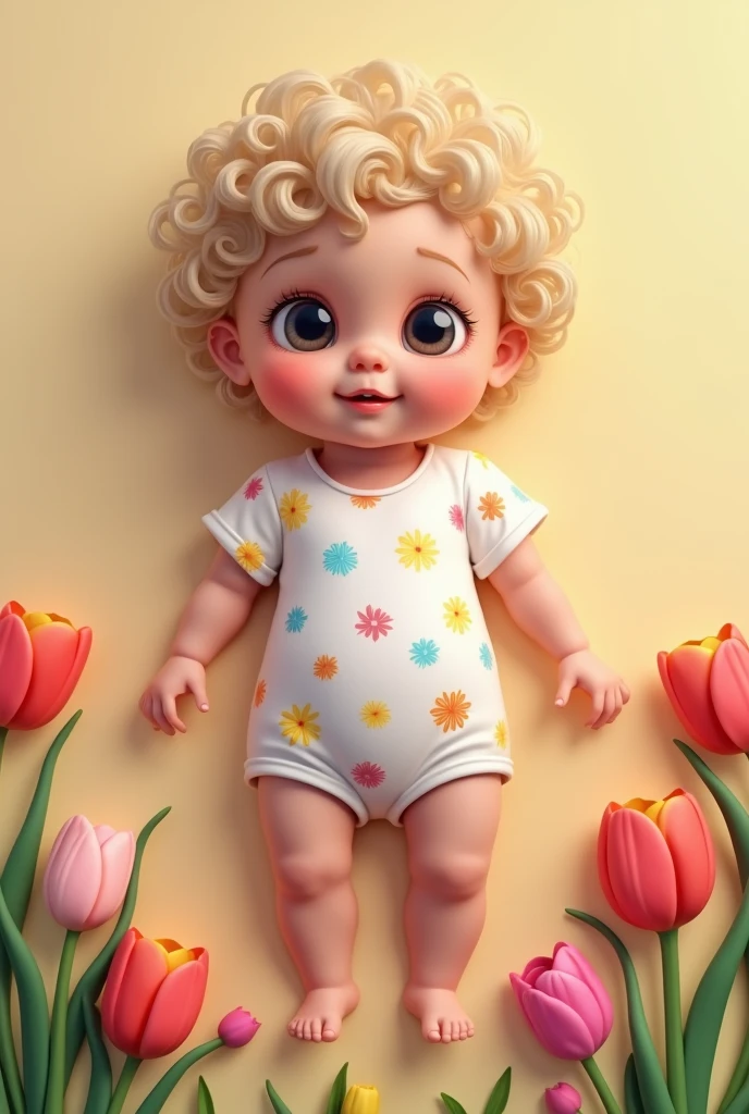 (alone:1.5),1 Baby\(very cute,Soft Skin,Dark Eyes,Blonde,Soft curly hair,(Very short hair:2.0),Wearing a romper\(Short sleeve,Legless\), (View your viewers),cute smile,whole body,cute pose,\), break ,(Romper Design\(white, cute, Colorful tulips\(Flat Design\)\):1.5),Colorful tulips all around, break ,quality\(8k,非常に精細なCGユニットのwallpaper, masterpiece,High resolution,top-quality,top-quality real texture skin,Surreal,Increase the resolution,RAW Photos,最高quality,Very detailed,wallpaper,Cinema Lighting,Ray-tracing,Golden Ratio\),Low - Angle,Completely naked