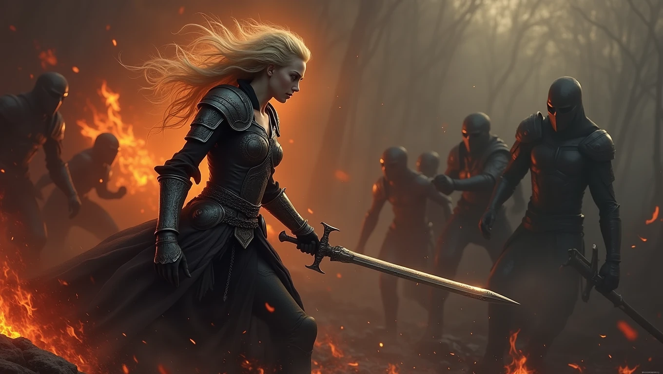 dark fantasy, fierce atmosphere, a Blonde warrior woman, Xeena, pale skin, full plate armor with intricate designs, sword held in one hand, in the midst of an intense battle, fighting through flames and shadows, her sword cutting through darkness, flames licking at her armor but she remains unscathed, the ground is molten and cracked, shadowy figures trying to drag her down, but she stands strong, dynamic action shot with fire and shadow elements