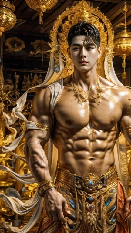 disconsolate，Ambient，artistic conception，large scene，The wind blew up the white curtains，Dattain lamps，Diffuse light，chest muscle，detailed face, Shirtless, stubbles, Sideburns, musculature, Strong handsome korean  guy， tall, a golden statue of handsome men god , multiple hands holding some weapons, , Hanfu，Golden blue、Jing Qing Moqing、jackson wang, Plain cherry blue，Junyi，Dignified atmosphere，Temperament，Short hair, Flat-headed beautiful man，The light is gentle，The scene comes to life