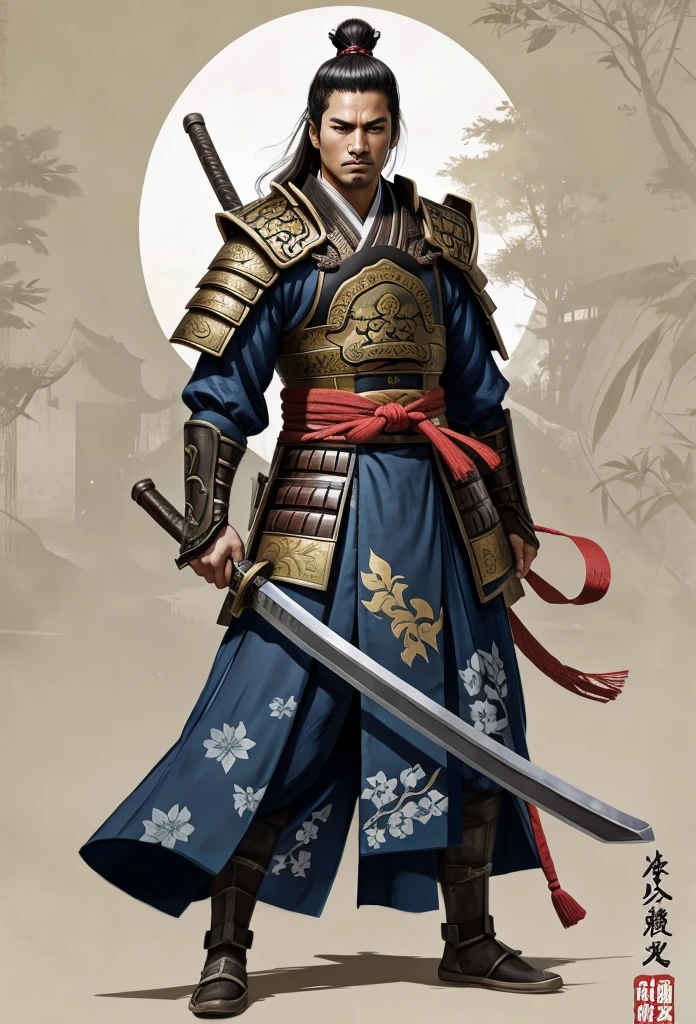 Need to create concept art of a samurai for MMORPG, centered on a Japanese setting, digital painting