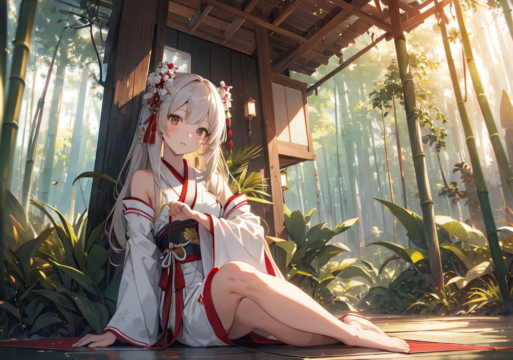 Realistic photos, Focus distance 10mm, Red and white, Beautiful girl, Realistic photos, Shooting at focus distance 10mm, masterpiece, 最high quality, high quality, Very detailed CG 8k wallpaper unit, Award-winning photography, Depth of written boundary, High resolution, bloom, chromatic aberration, Realistic, Very detailed, Art Station Trends, CGsociety Trends, Complex, High detail, dramatic, Art on the go, volumetric lighting, A beautiful girl meditates in a Japanese garden, gazing diagonally to the left. She is wearing a traditional Buddhist robe and there is a bamboo forest behind her, thin legs