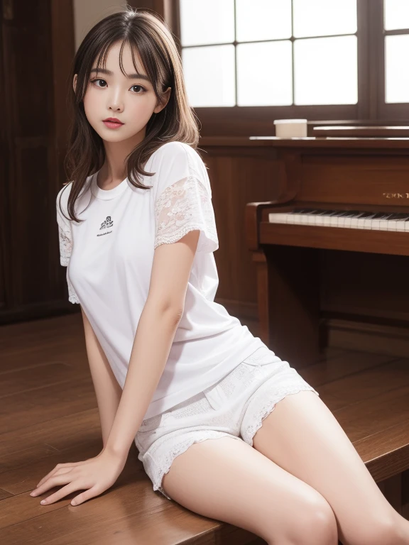 Large bust、 ((White lace T-shirt)), Gazing at the audience、((White shorts))、sit with your legs open to the sides、((Sexy young woman&#39;Body:1.4)),smile、
