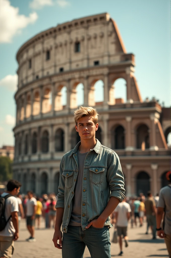 I want a blond boy, 18 year old Mexican with green eyes, standing in front of the roman coliseum, as if they were taking a picture of me
