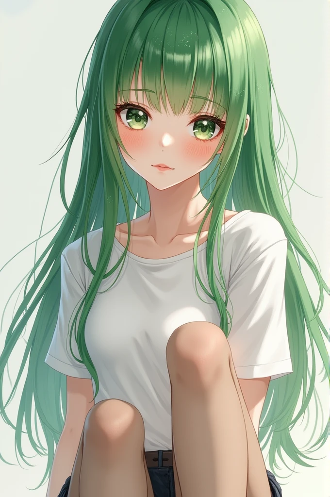 CC character, code geass, green hair, long hair, shoulder dropped, perfect body, white t-shirt and short shorts, full body photo, yellow plush, masterpiece, 8k