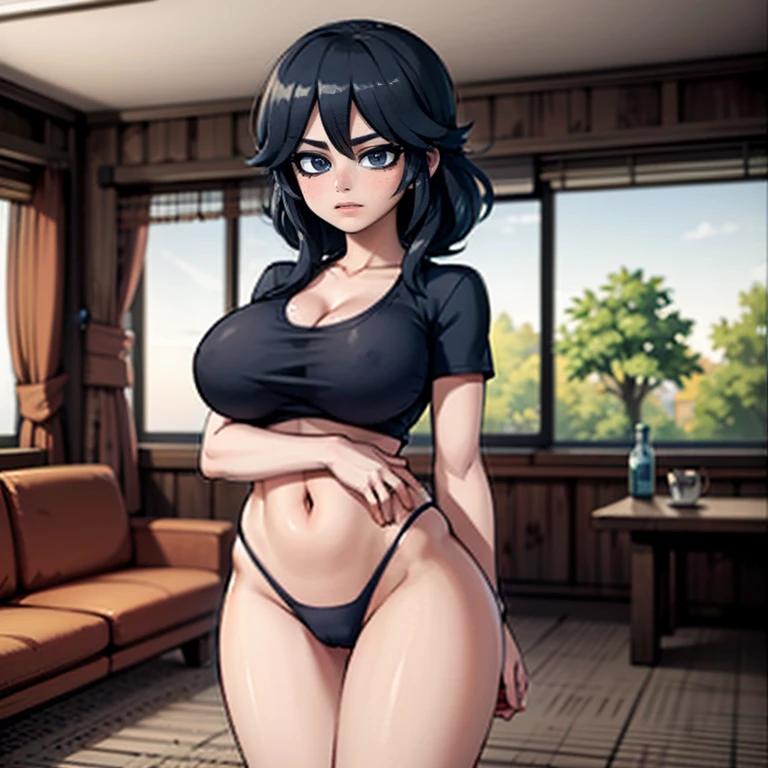 Anime Kawaii sexy Perfect Slim sensuous body large breast and huge thighs, An intricate and highly detailed illustration of anime (Young girl)  fullcolor, 1womanl, defined body, Bblack hair, blue colored eyes, breasts big, sport cloth, equipped diver, Navy color, white blouse, tight, black t-back thong, sensuous, undergarment,  Ultra high quality,  wall-paper, Living room, big mirror, mirada coqueta, Sweet face.