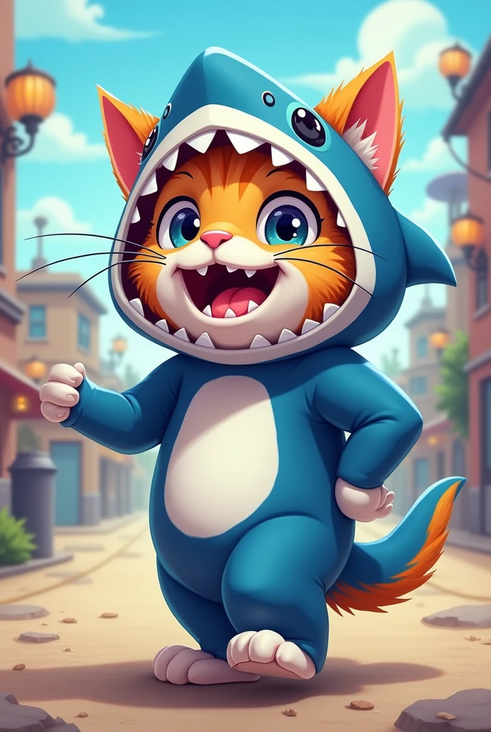 Cat were shark suit in cartoon style