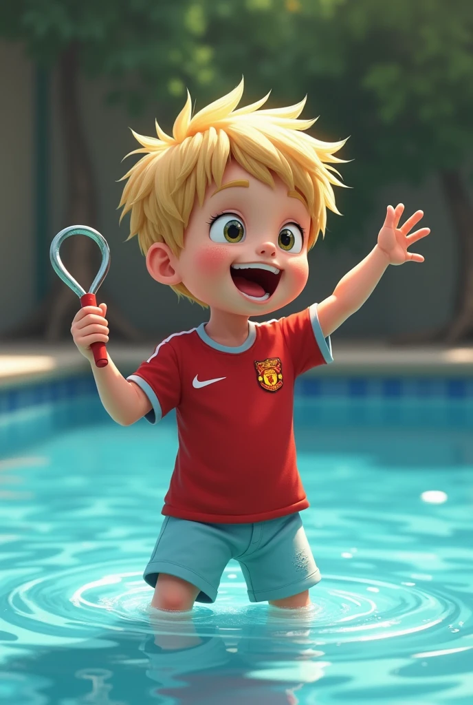 A blond boy with red machchester jersey and baby blue shorts in the swimming pool with a dildo in his hand