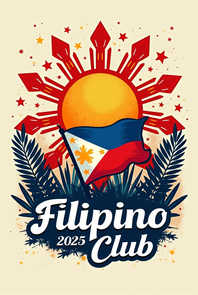 Create a logo for a Filipino club that embodies Filipino culture and identity. Your design should incorporate:Symbolism: Utilize elements such as the sun and stars from the Philippine flag, traditional patterns, or iconic national symbols (e.g., carabao, jeepney, Mayon Volcano).Color Scheme: Use the red, blue, and white colors of the Philippine flag to give a patriotic and cohesive look.Text: Include Filipino Club A.Y 2024 - 2025 around it in a stylish, readable font. Optionally, integrate Filipino script (Baybayin) for an authentic touch.Cultural Touch: Reflect the spirit of Bayanihan or other cultural aspects that emphasize community and cooperation.