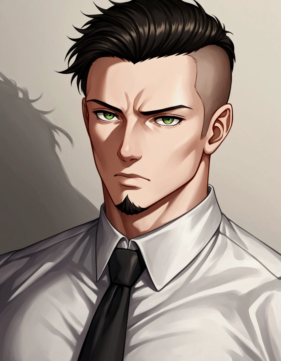 1man, man in black, vigorous mature, business hair with asymmetrical bangs, goatee, green platina blond hair, emerald eyes, BREAK 40yo, charming caucasian, slightly long chiseled face, deep set, angular jaw, facial wrinkles, crewcut, BREAK ideal ratio body proportions, middle weight muscular, beautiful detailed eyes, dark hero, best eyes, BREAK solo, funeral black suit, black necktie, white shirt, at wall street, detailed background, serious, cool expression, natural standing, BREAK upperlegs, dramatic expression, in persona style, masculine comic art, 2010s, retro visual novel, in newest eroge style, dutch angle, cinematic shadows, cinematic lighting, lens flare, light leaks, texture, absurdres absolutely resolution, extreme all detailed, greatest painting, BREAK masterpiece, best quality, BREAK score_9, score_8_up, score_7_up, source_anime, rating_safe, score_6_up, score_5_up, score_4_up