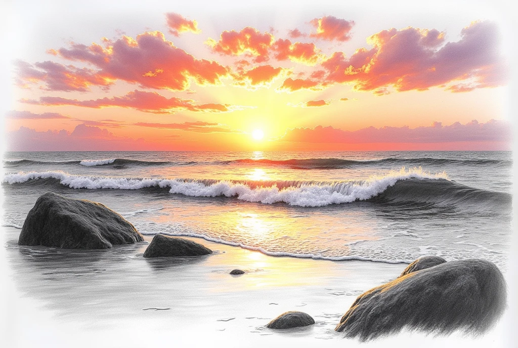 A black and white pencil sketch。The picture shows a sunset scene on a beach。In the foreground are a few rocks and some shells,The middle shot is of waves lapping on the beach。The clouds in the distant sky are rendered into orange-red and purple gradients,The sun is half sinking into the sea level,A golden light path is projected on the sea。The whole picture is rich in color,Full of warmth and tranquility