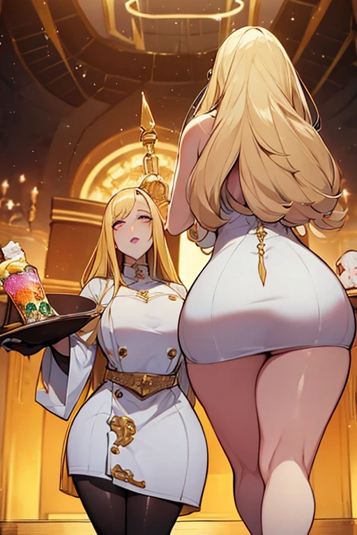 anime, goddess, big breasts, voluptuous, wide hips, skimpy white gown, long blonde hair, tavern, drunk, (undressing), halo, golden laurels, nipples, (blonde) thick pubic hair,