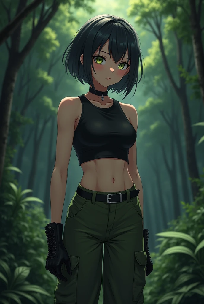 Anime girl, short black hair, black tight fitting crop-top, olive-green eyes, olive-green parachute pants, black combat boots, dark forest background