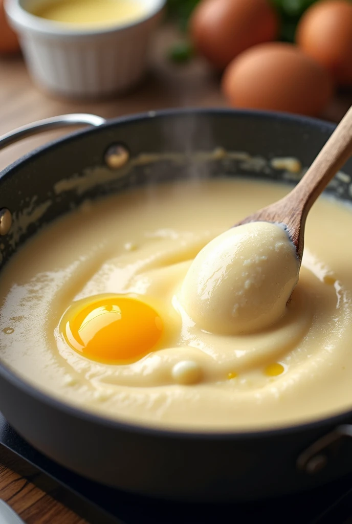 Add a mixture of an egg ,milk and flour in a pan with butter.realistic.