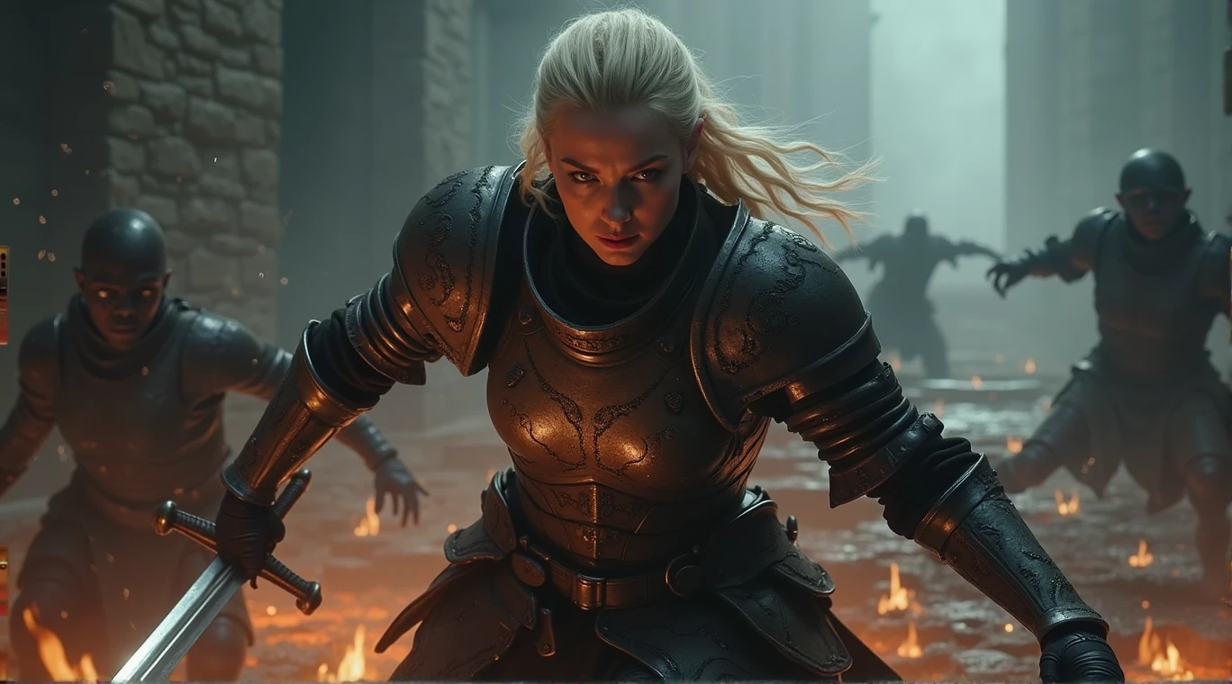 dark fantasy, fierce atmosphere, a Blonde warrior woman, Xeena, pale skin, full plate armor with intricate designs, sword held in one hand, in the midst of an intense battle, fighting through flames and shadows, her sword cutting through darkness, flames licking at her armor but she remains unscathed, the ground is molten and cracked, shadowy figures trying to drag her down, but she stands strong, dynamic action shot with fire and shadow elements