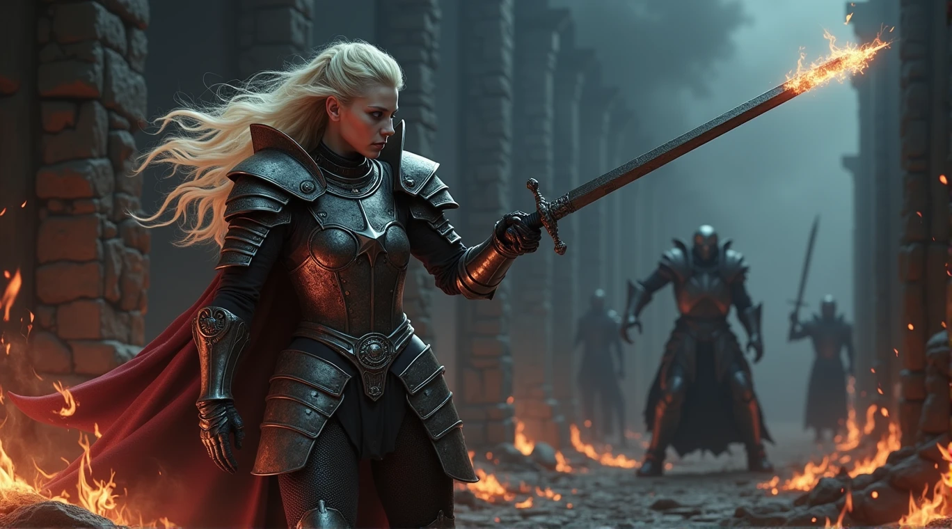 dark fantasy, atmosphere, a Blonde warrior woman, Xeena, pale skin, full plate armor with intricate designs, sword held in one hand, in the midst of an intense battle, fighting through flames and shadows, her sword cutting through darkness, flames licking at her armor but she remains unscathed, the ground is molten and cracked, shadowy figures trying to drag her down, but she stands strong, dynamic action shot with fire and shadow elements