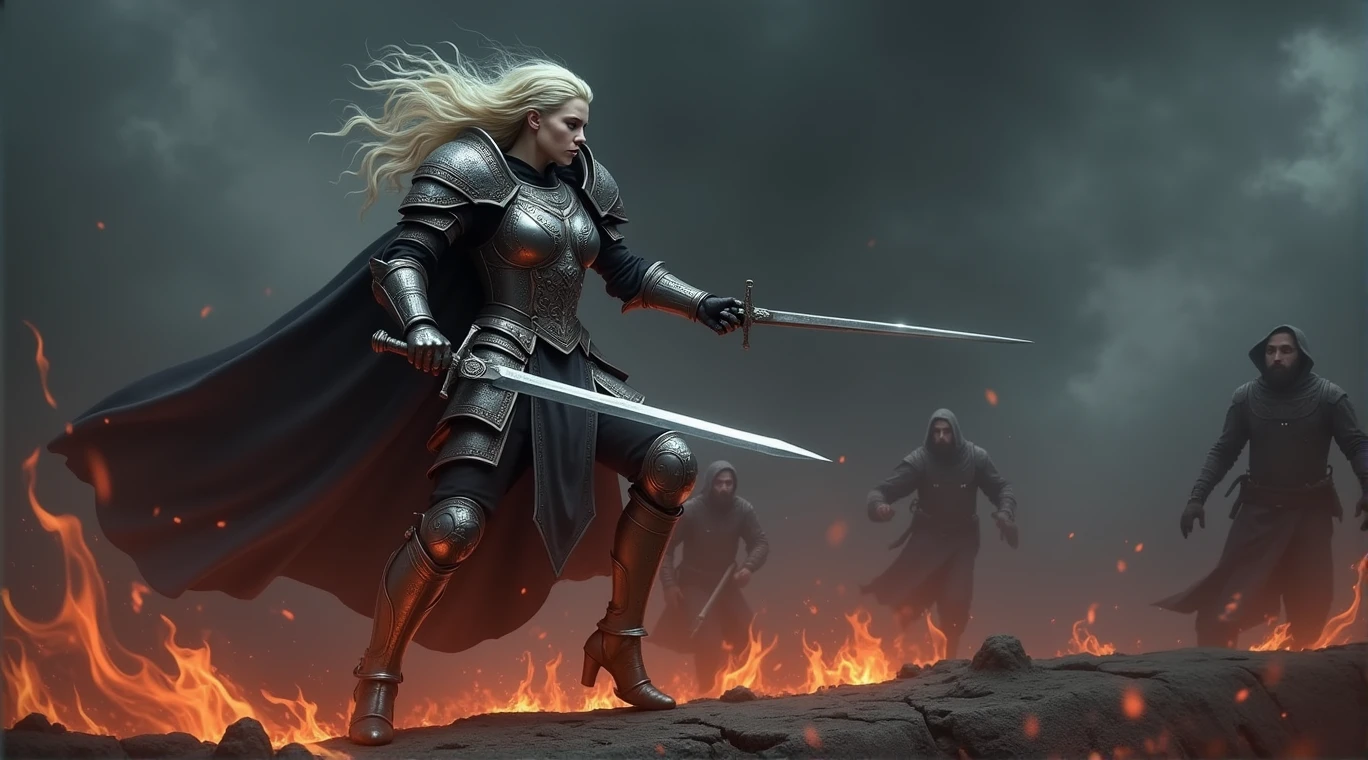 dark fantasy, fierce atmosphere, a Blonde warrior woman, Xeena, pale skin, full plate armor with intricate designs, sword held in one hand, in the midst of an intense battle, fighting through flames and shadows, her sword cutting through darkness, flames licking at her armor but she remains unscathed, the ground is molten and cracked, shadowy figures trying to drag her down, but she stands strong, dynamic action shot with fire and shadow elements