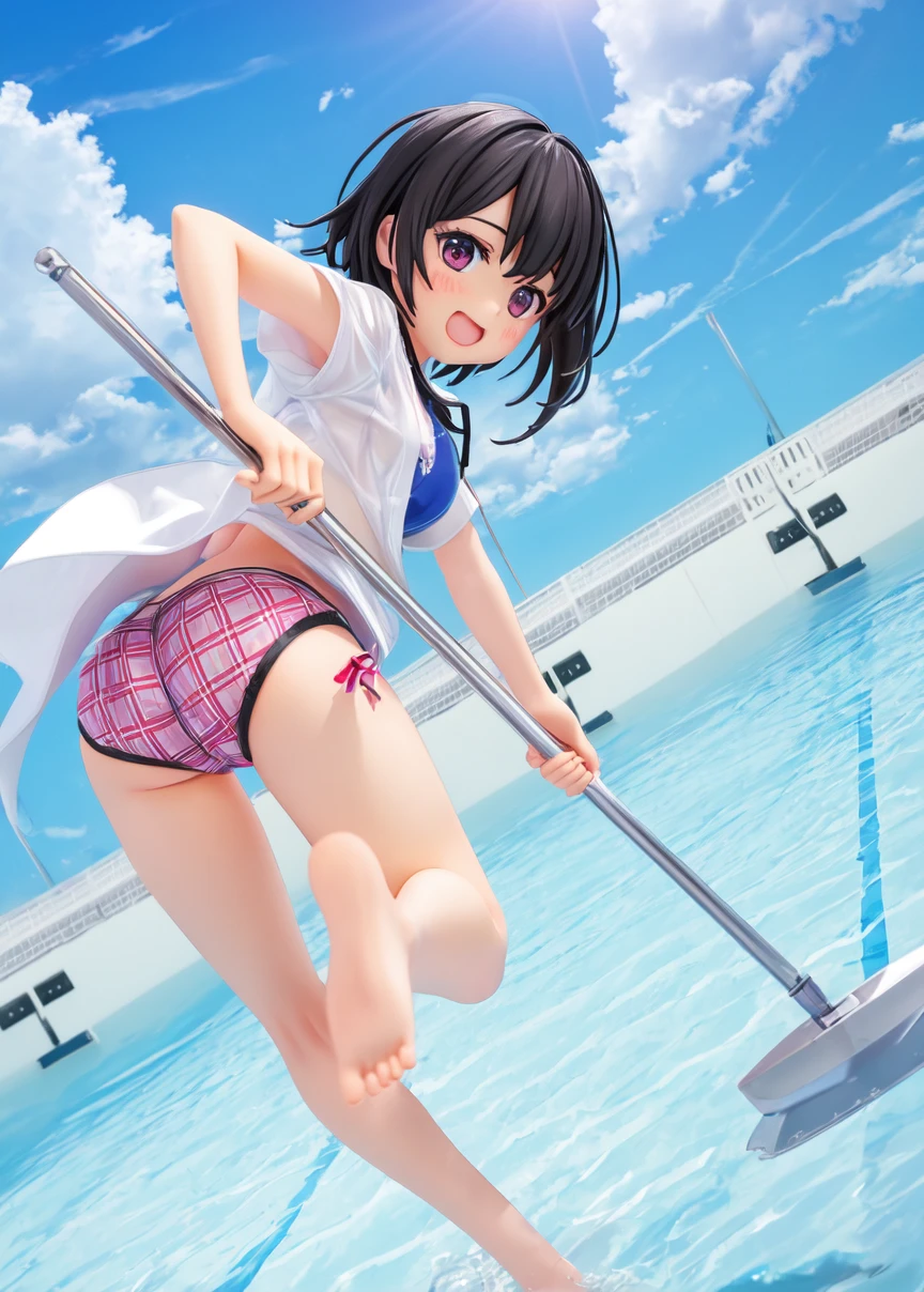 Highest quality、masterpiece、beautiful、detailed、Year: 12、Black hair twin-tailed female elementary school student、Height: 140cm、beach、Pouring sunlight、Dynamic pose、Spraying water with a water gun、Angle from below、smile、Slim figure、Soaking wet、erectile nipples、open vagina、pussy、hyperRealistic