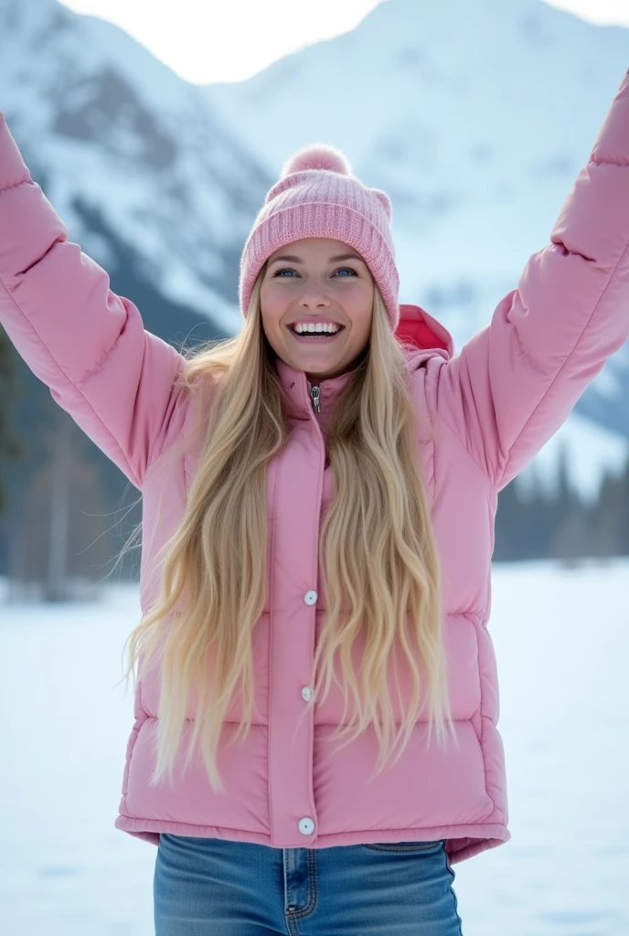 blonde woman with long hair, blue eyes, Grinning, glad, with both arms raised at the same height as your shoulders, open arms, in the snow with mountains in the background of ice, with pink coat and pink winter cap, with jeans, qualidade hd, 4K, ultra HD, large image size