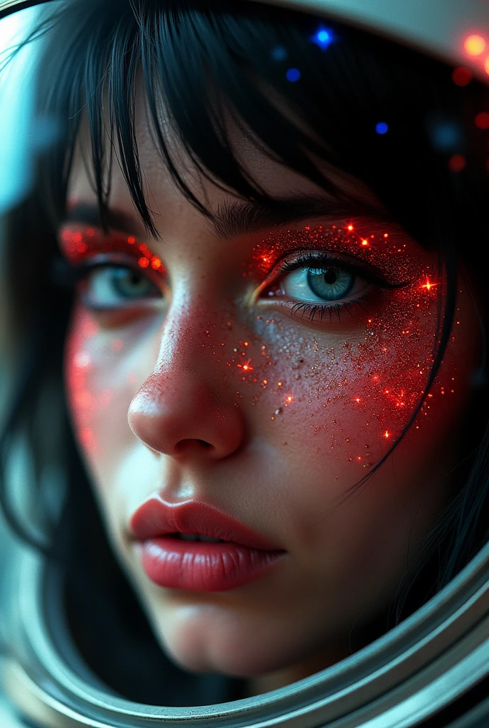 beard_newG is a woman, (Close-up of a better masterpiece:1.5)0.9], (Space and astronauts:1.2) (messy black hair:1.1) Brazilian indigenous woman, typical indigenous clothing, red body paint on eyes, (Xanthochromia heterochromia and blue eyes:1.2) (space helmet:1.0) (colorful stars in the eyes:1.0) (A radiant glow:1.1) (thick lips:0.9),  (beard_newG)
