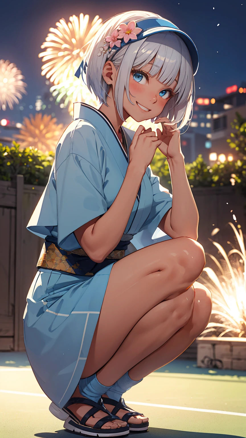 a woman holding a blank sign, front view, from below, One Girl、独奏, Beautiful silver hair、((((Very short hair))))、Blue eyes、(blue visor)、((Blunt bangs)), ((Medium Chest)), 24-years-old, ((Tennis uniform)),  (tsurime), Tight waist、French braids, happy smile、night、Fireworks display、Japanese Festivals、((Colorful light blue kimono))、Long flower hair ornament、squatting, ((panties))、Shallow depth of field