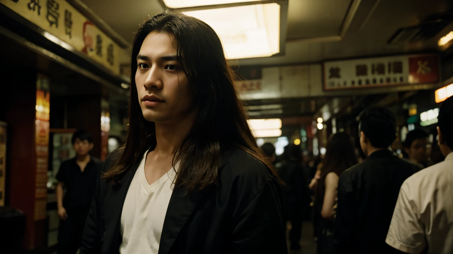 Best quality, masterpiece, super high resolution, young man, long hair, Wong kar-wai style
