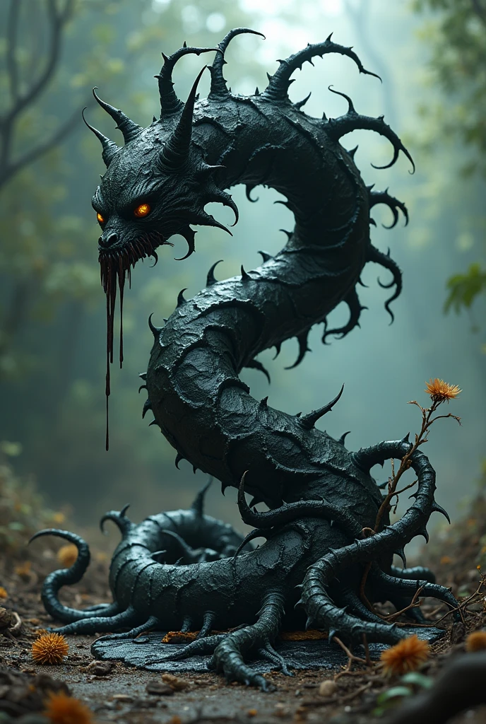 a dark, twisted vine with thorns that drip a black, tar-like substance. The plant is often found in areas corrupted by dark magic, where it feeds on the ambient negative energy