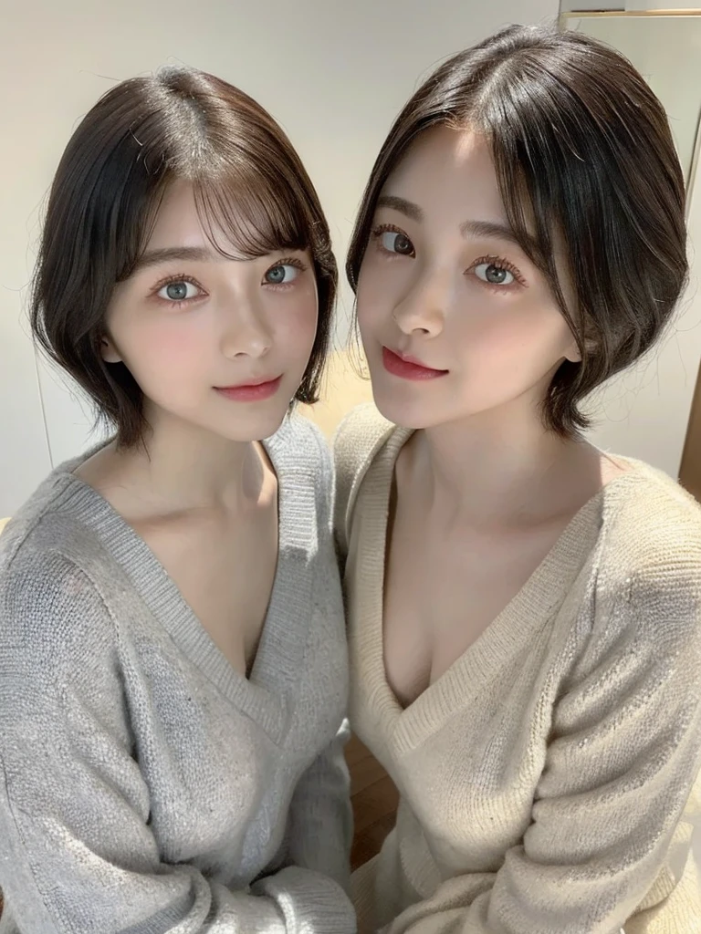 (masterpiece:1.3), (8k, Photoreal, Raw photo, best image quality: 1.4), Japanese high school girl、(random hairstyle:1.2)、cleavage:1.5、super detail face、eye for details、double eyelid、chest to chest、sharp focus:1.2、Beautiful woman:1.4、light brown hair、highest quality、masterpiece、超A high resolution、(Photoreal:1.4)、Highly detailed and professionally lit smiles、loose and light knitwear、shoulder out、thin、serious expression、short haired、deadly position
similar identical twins
All the girls have the exact same face, The two have the same face and figure, as if they were mirror images.