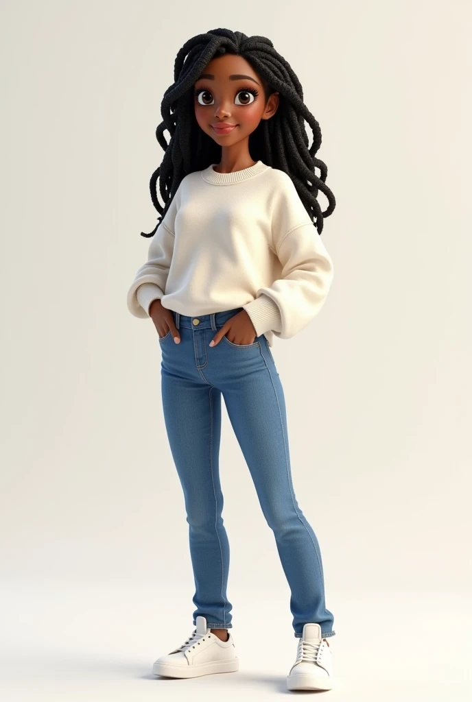 3D Disney full body image Beautiful African woman with beautiful braided hair, wearing a plain white jumper, white sneakers and blue jeans, very detailed image. Plain background.