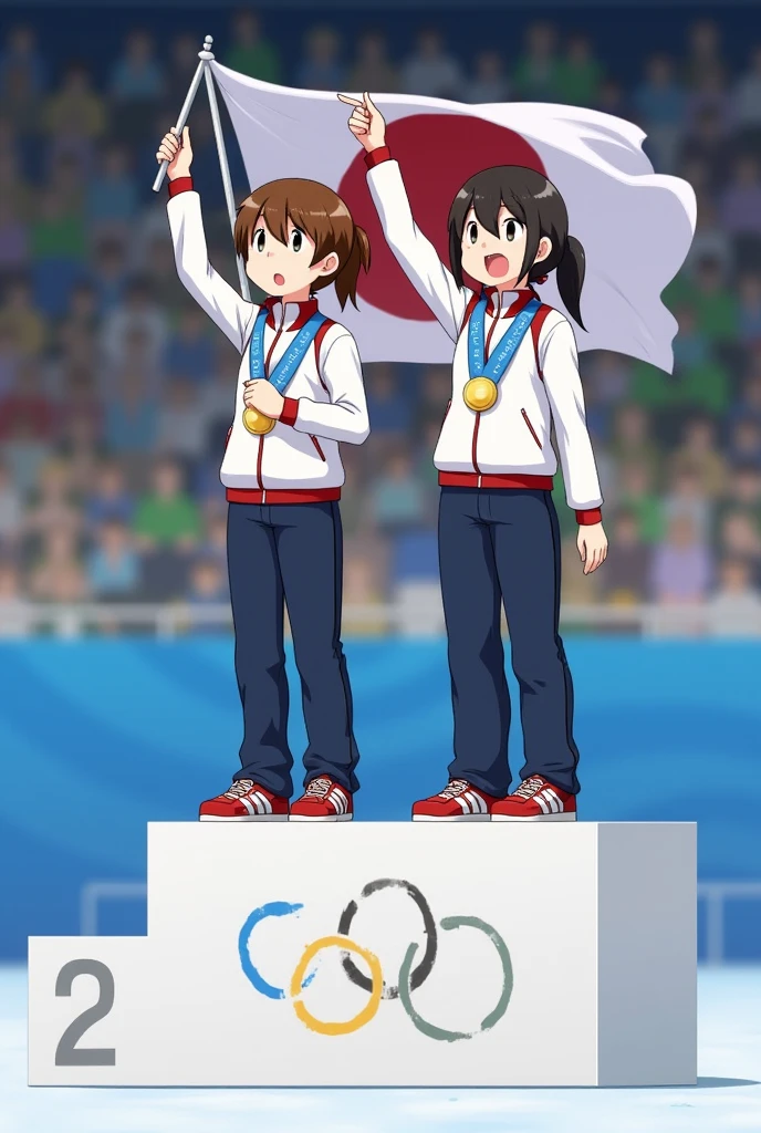 High resolution,1st place in the Olympics、2 bits、Japanese women dominate third place,Standing on the podium and singing the national anthem,Tears in my eyes,