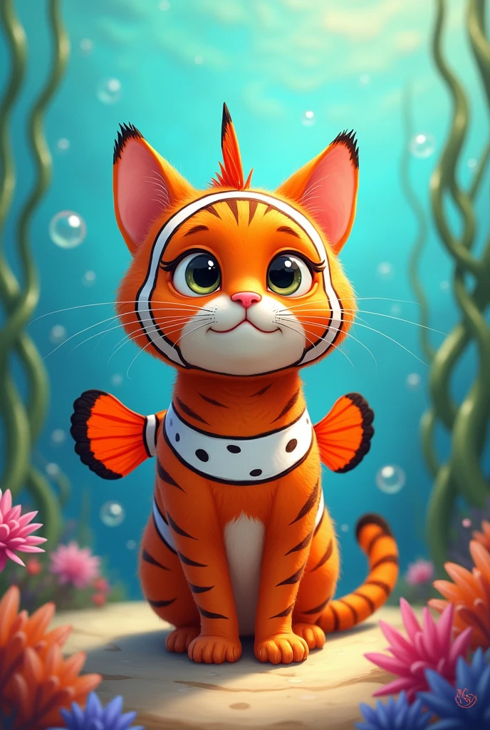 Cat were nemo fish suit in cartoon style