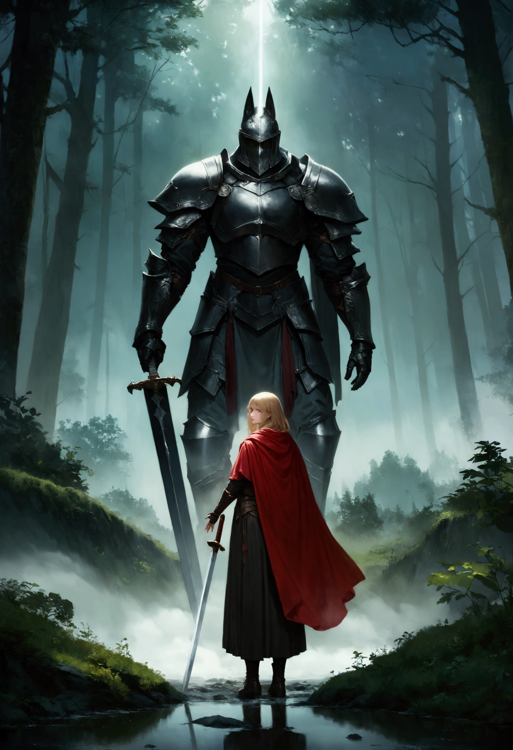 your fantasy, The art of disguise, Dark Fantasy Art, Ultra-wide shot, raw, Realistically, Picture of a human guard and her pet wolf., The guard, A delicate and beautiful human woman, long golden hair, Poetry, Green-eyed, wearing leather armor, They wear (redcloak: 1.1), Armed with (The sword: 1.3), wearing shoes with laces, standing in the dark forest at night, (With the mist rising from the ground: 1.3), Feelings of fear, But she is brave and fearless., Her animal wolf stands near her, Protect her, Dark Fantasy Forest Background, Best quality at best, 16 kg, [Very detailed], featuring.tmasterpiece, Best quality at best, (Very detailed), Full body, Ultra-wide shot, Image Realism
