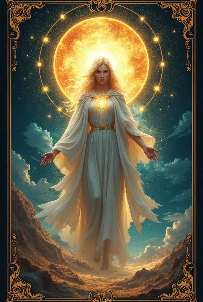 a tarot card depicting the world, intricate detailed tarot card illustration, highly detailed tarot card art, beautiful detailed tarot card design, ornate tarot card, elegant tarot card, ethereal tarot card, mystical tarot card, magical tarot card, occult tarot card, esoteric tarot card, symbolic tarot card, allegorical tarot card, arcane tarot card, fantastical tarot card, surreal tarot card, mystical landscape, celestial elements, cosmic background, glowing energy, radiant light, shimmering details, ornate patterns, swirling motifs, intricate symbols, exquisite textures, masterpiece, best quality, 8k, highres, ultra-detailed, photorealistic, photo-realistic, cinematic lighting, dramatic shadows, vivid colors, rich color palette