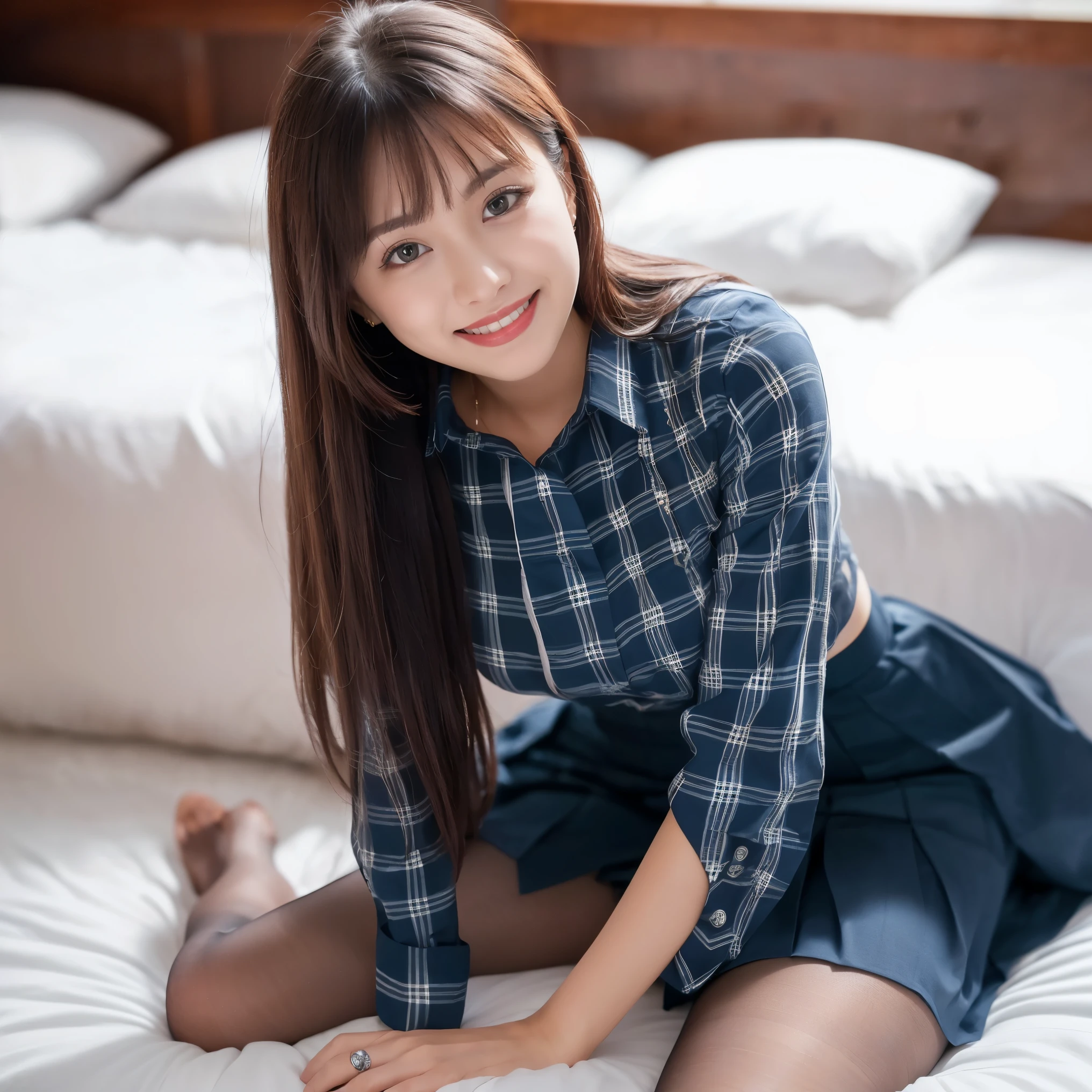 (((8k、High resolution、Highest quality、High resolution)))alone、Natural body shape、White skin、Natural Makeup、((Black Hair、bangs、Straight Long Hair))、(((At the bed, Grin)))、、(:1.4)、(())、(((((Full body photo)))))、(((Looking into the camera)))、(((Wear a uniform on the upper body)))、Bedroom、(((Of high school))) 、((white collared long sleeve blouse))、(())、((Pleated skirt with dark blue plaid pattern、mini skirt、Ultra-realistic pantyhose))、、、Expressionless、((Exposing your thighs)), Beautiful mature woman
