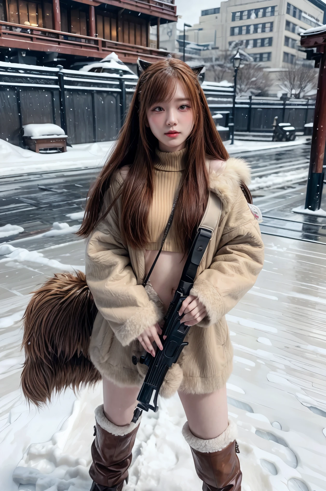 a huntress girl with long red hair holding a rifle in a snow fighting pose,detailed leather and fur coats,east asian inspired ink style,cold snowy environment,3D, 4K, detailed, practical, artwork