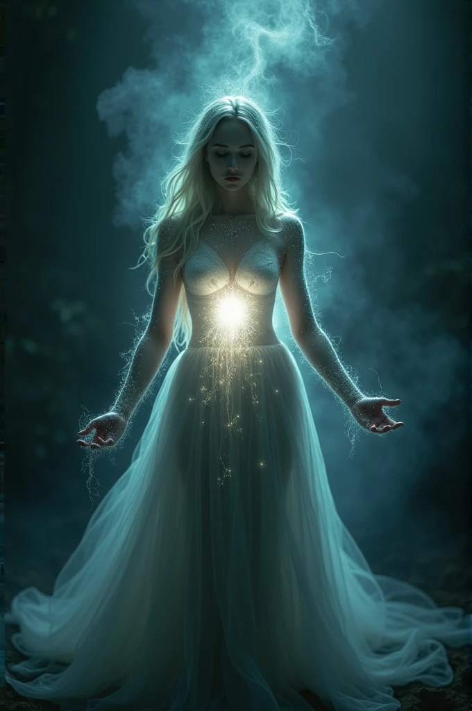 Woman with a light coming out in the middle of the darkness
