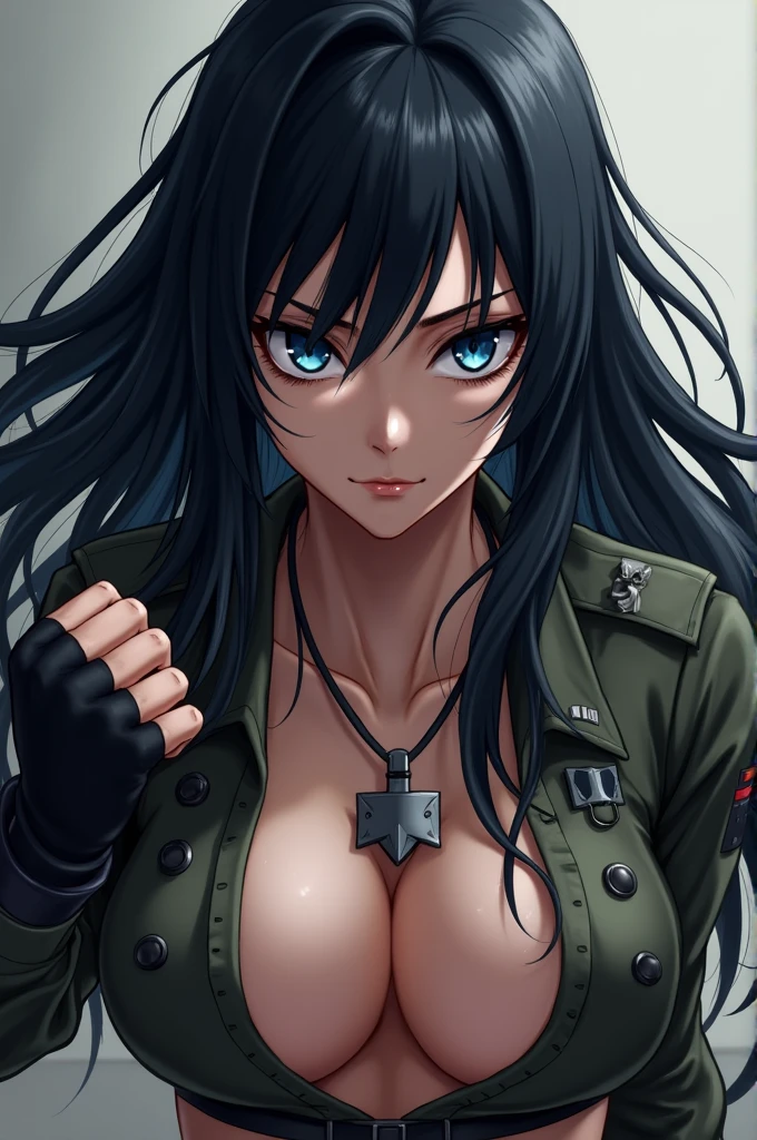 score_9, score_8_up, score_7_up, score_6_up, uncensored, Yukinoshita yukino, black hair, long hair, blue eyes, sweating, BREAK (masterpiece:1.2), best quality, high resolution, (detailed eyes:1.3), perfect lighting, (perfect hands, perfect anatomy), hearts, pleasured, (small breasts:1.3), rating:safe, 1girl, gloves, solo, breasts, dog_tags, pants, belt, cleavage, navel, fighting_stance, midriff, military, crop_top, ribbon, looking_at_viewer, hollow eyes, expressionless,